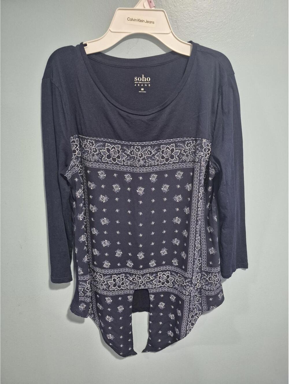 Soho New York & Company Jeans Navy Blue Printed Long Sleeve Top XS